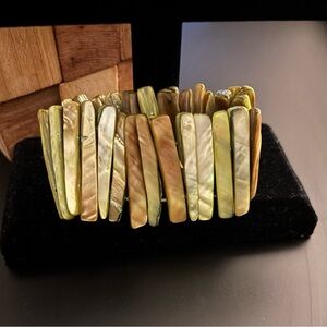 Chunky Green Wide Abalone Stretch Bangle Bracelet Mother of Pearl